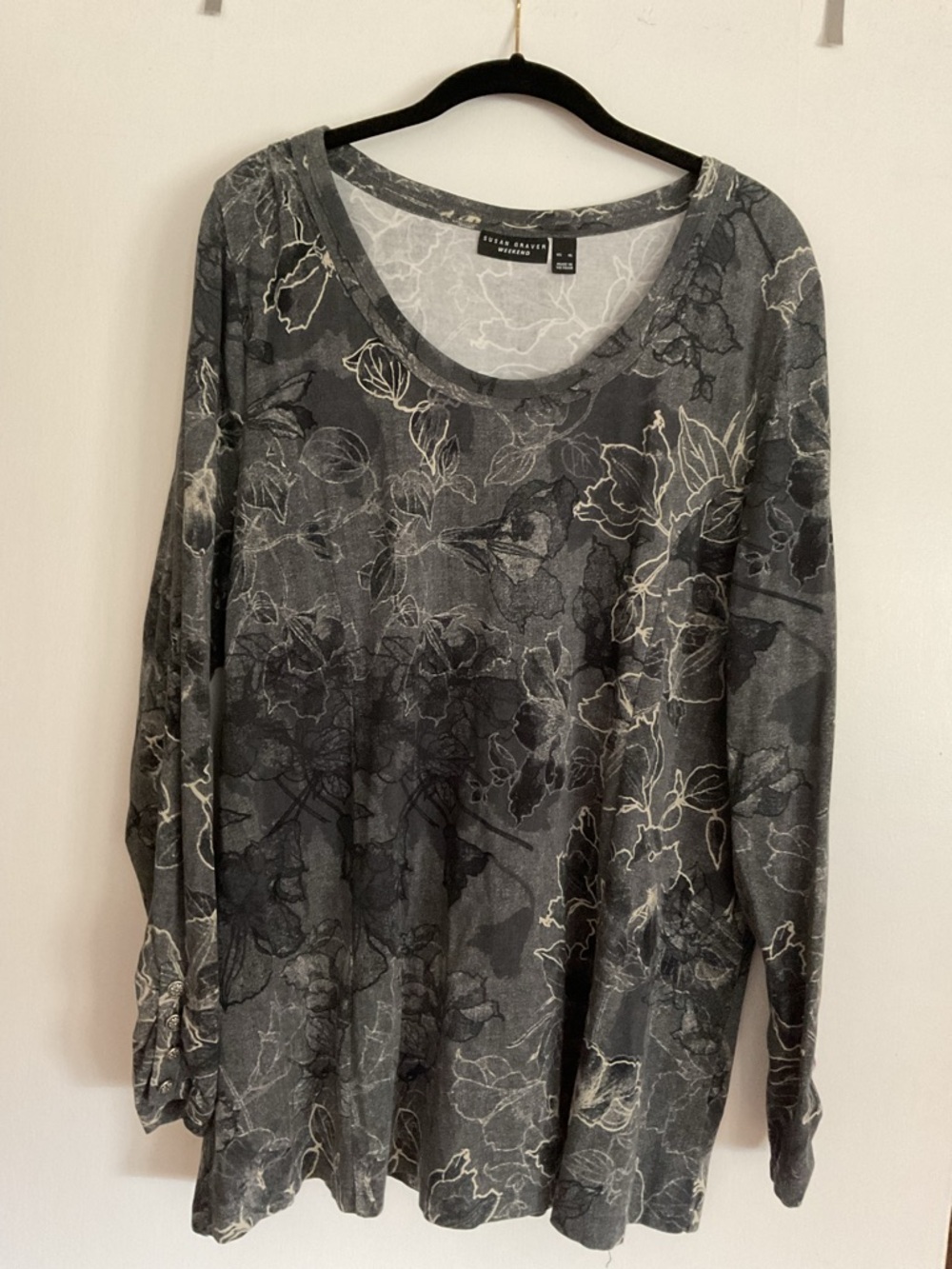 Susan Graver Charcoal Gray Floral Long Sleeve Scoop Neck Top